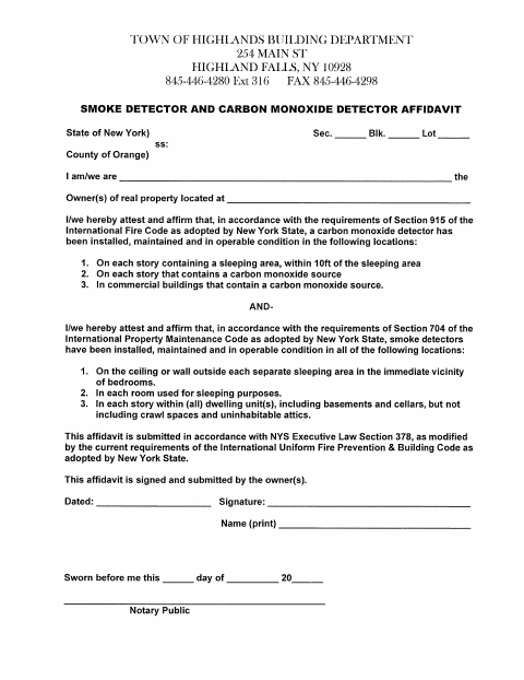 First page of the Smoke Detector and Carbon Monoxide Detector Affidavit
