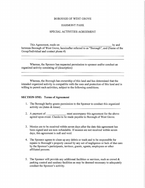 First page of the Harmony Park Reservation Form