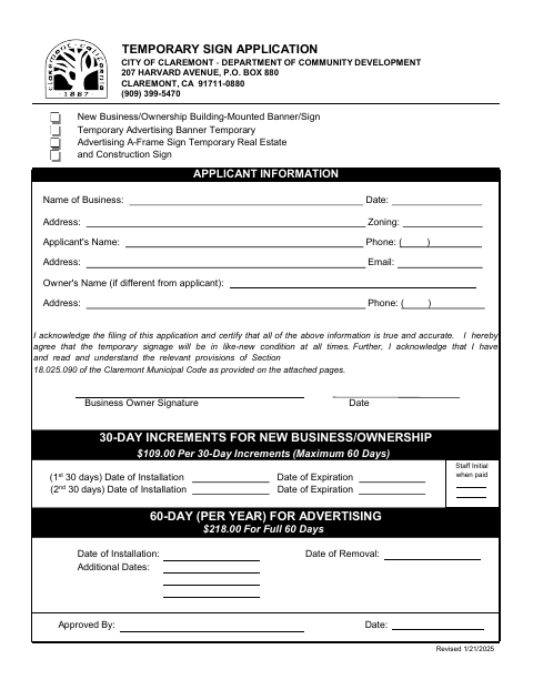 First page of the Temporary Sign Application
