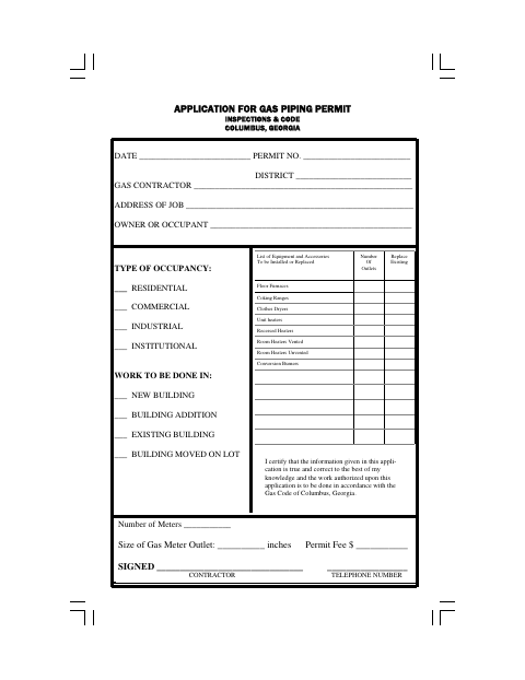 First page of the Application for Gas Piping Permit