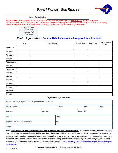 First page of the Park/Facility Use Request