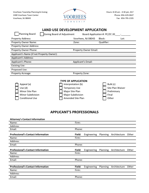 First page of the Planning Board Land Use Development Application