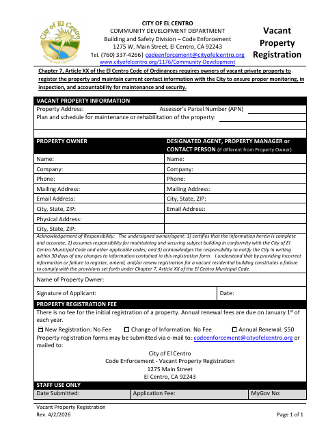First page of the Vacant Property Registration