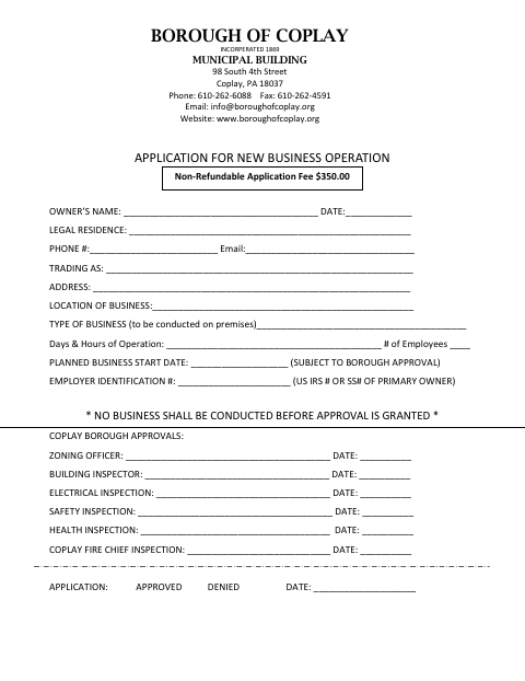 First page of the Application for New Business Operation