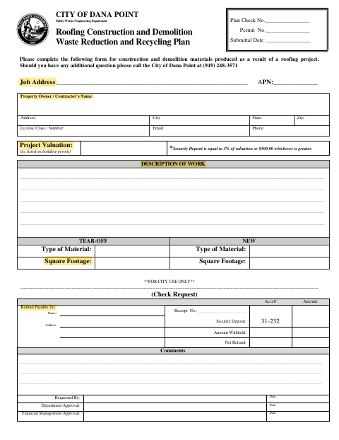 First page of the Roofing Construction and Demolition Waste Reduction and Recycling Application