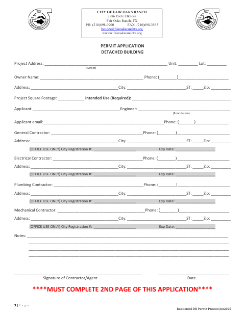 First page of the Detached Building Permit Application