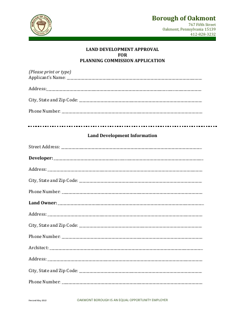 First page of the Land Development Approval for Planning Commission Application