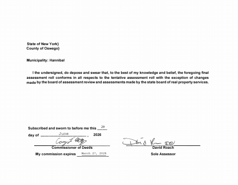 First page of the Final Assessment Roll Certification