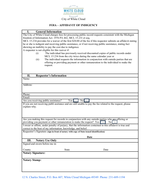 First page of the FOIA Affidavit of Indigency
