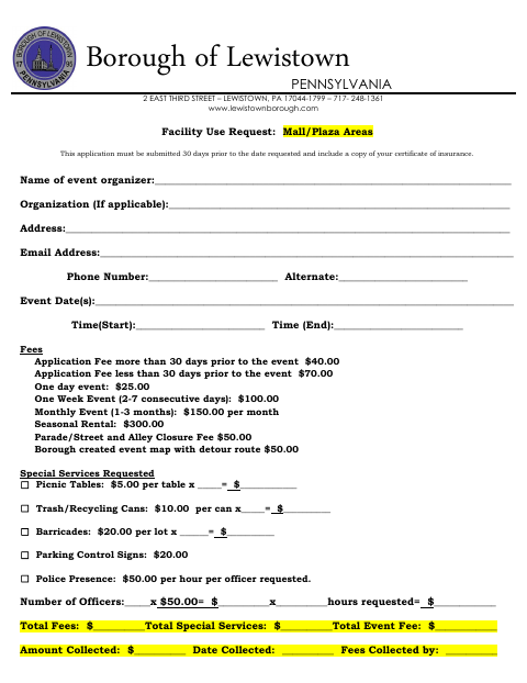 First page of the Facility Use Request: Mall/Plaza Areas