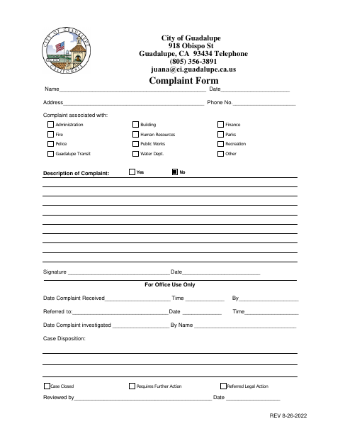First page of the Complaint Form