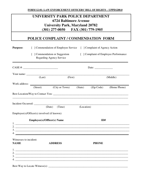 First page of the Police Complaint and Commendation Form