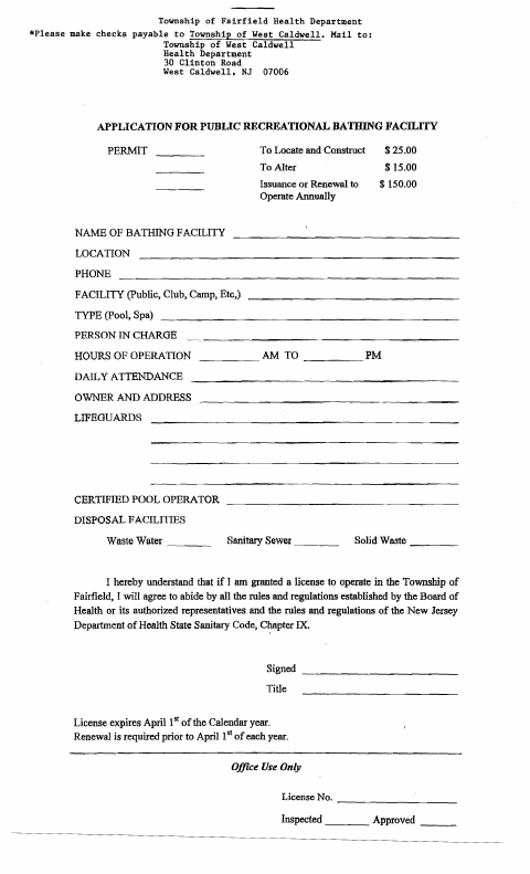 First page of the Public Recreational Bathing Facility Application
