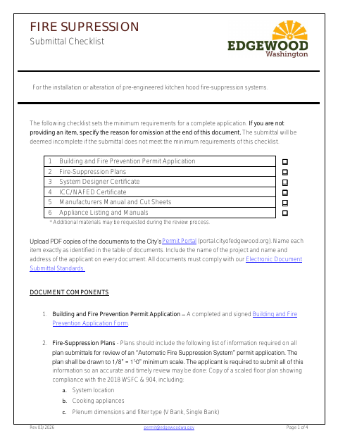 First page of the Fire Suppression Submittal Checklist