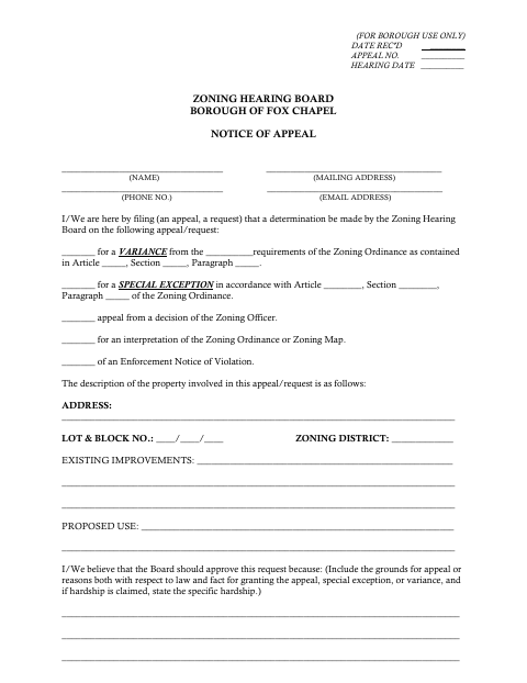 First page of the Zoning Hearing Board Notice of Appeal