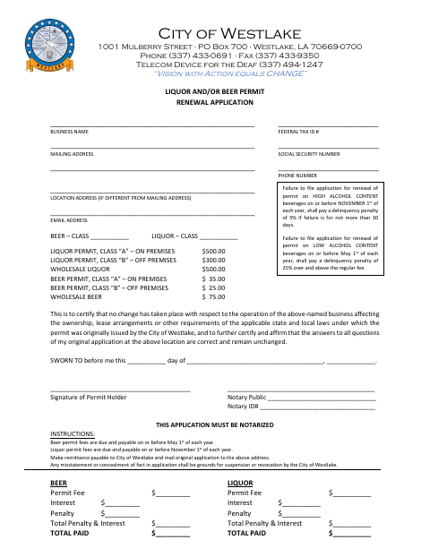 First page of the Beer and Liquor Permit Renewal Application