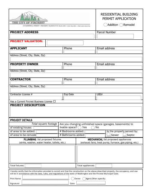 First page of the Residential Building Permit Application