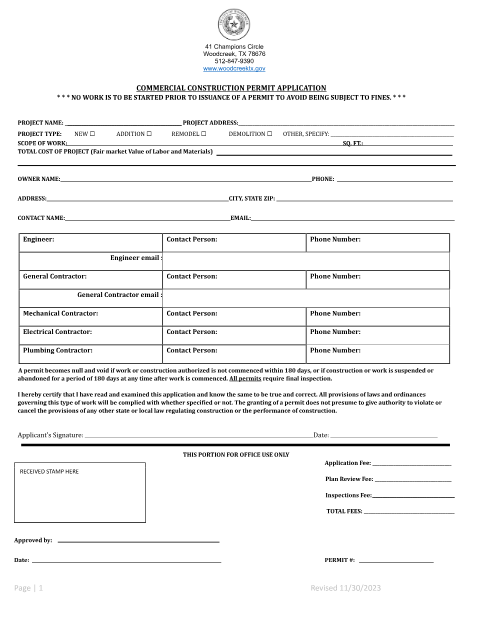First page of the Commercial Construction Permit Application