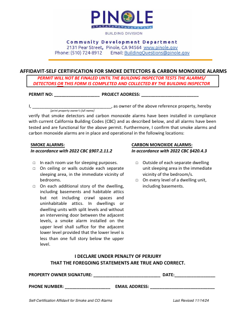 First page of the Self-Certification Affidavit for Smoke and CO Alarms