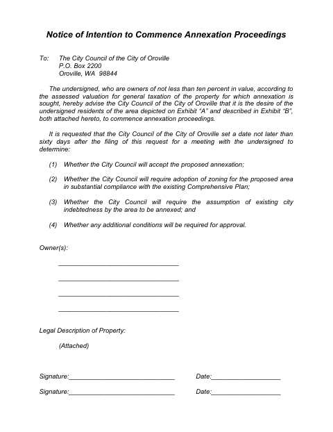 First page of the Notice of Intention to Commence Annexation Proceedings