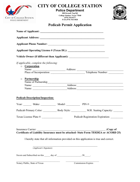 First page of the Pedicab Permit Application and Inspection