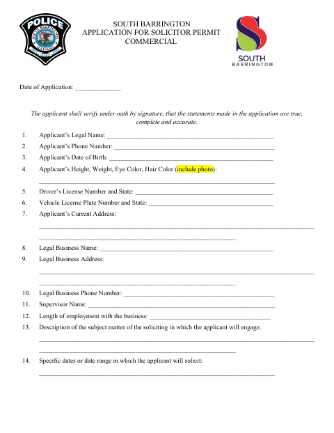 First page of the Commercial Solicitor Permit Application