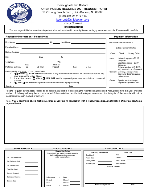 First page of the Open Public Records Act Request Form