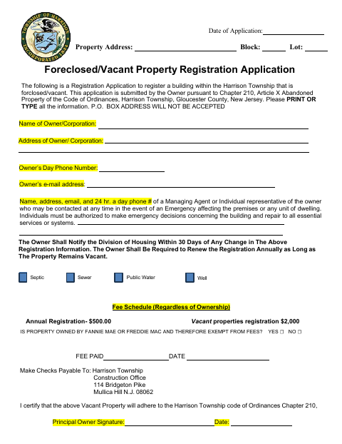 First page of the Foreclosed/Vacant Property Registration Application