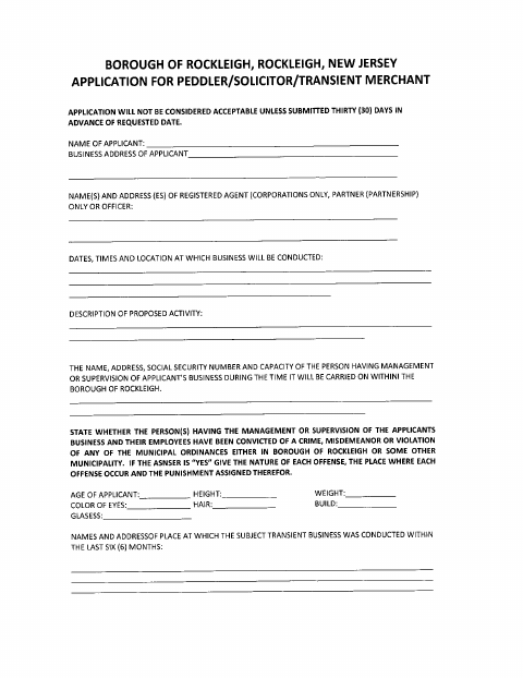 First page of the Peddler, Solicitor, Transient Merchant Application