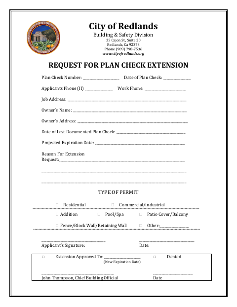 First page of the Request for Plan Check Extension