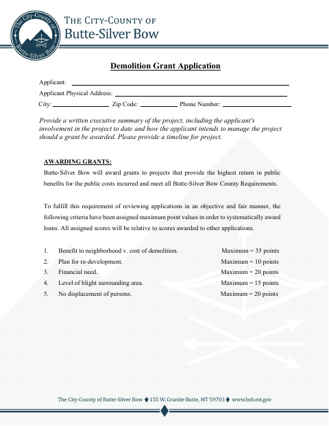 First page of the Demolition Grant Application