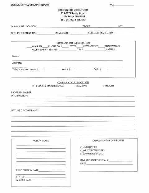 First page of the Community Complaint Report