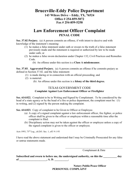 First page of the Law Enforcement Officer Complaint Affidavit