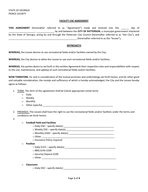 First page of the Facility Use Agreement