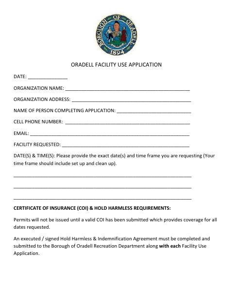 First page of the Facility Use Application
