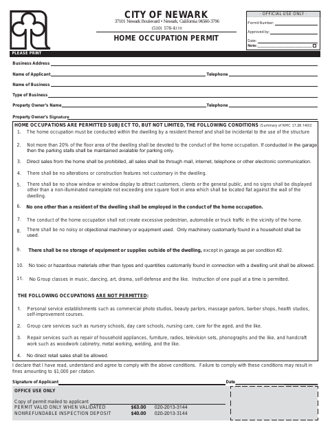First page of the Home Occupation Permit