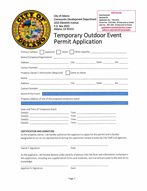 First page of the Temporary Outdoor Event Permit Application