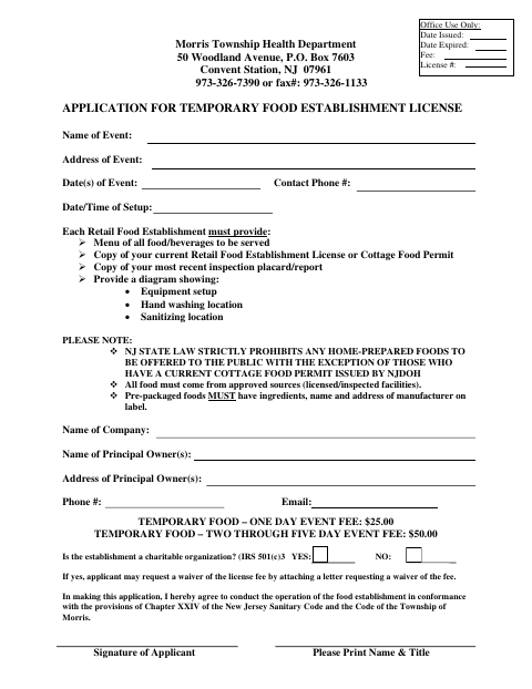 First page of the Application for Temporary Food Establishment License