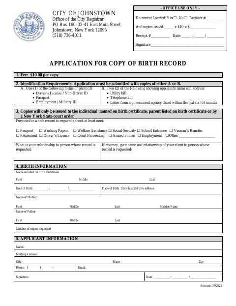 First page of the Application for Copy of Birth Record