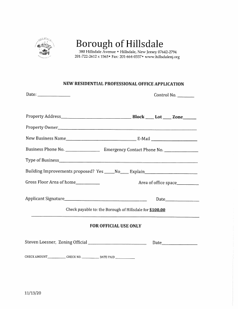 First page of the New Residential Professional Office Application