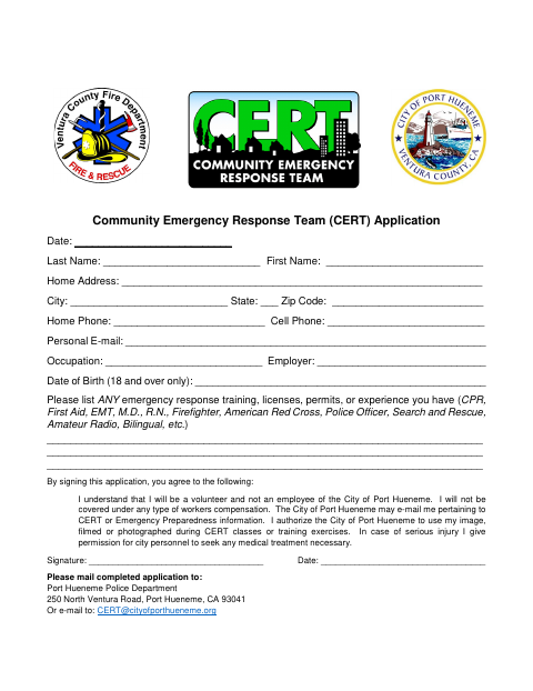 First page of the Community Emergency Response Team (CERT) Application