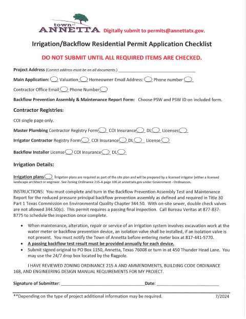 First page of the Irrigation/Backflow Test Application