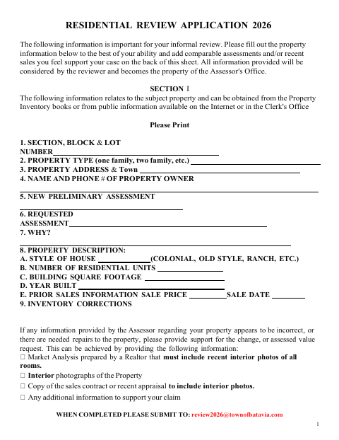 First page of the Residential Review Application 2026