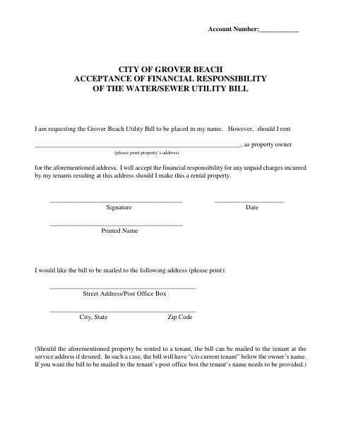 First page of the Acceptance of Financial Responsibility of the Water/Sewer Utility Bill