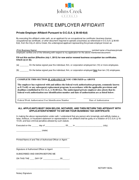 First page of the Private Employer Affidavit