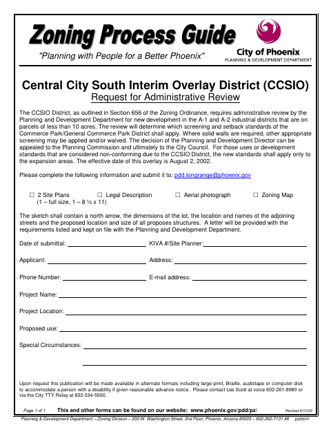First page of the Central City South Interim Overlay District Request for Administrative Review