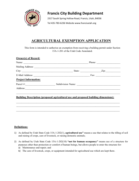 First page of the Agricultural Exemption Application
