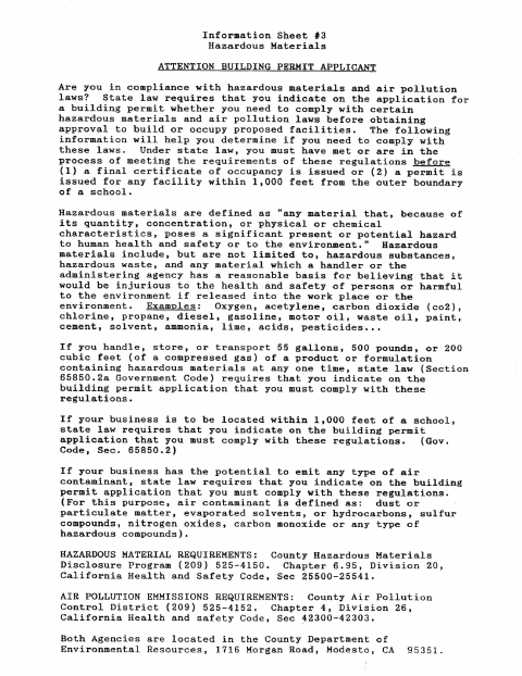 First page of the Hazardous Materials Information Sheet and Questionnaire