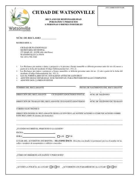 First page of the Claim for Personal Injury or Property Damage