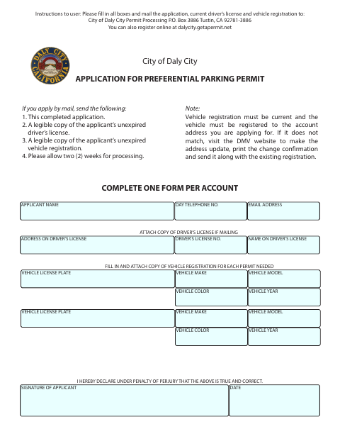 First page of the Application for Preferential Parking Permit